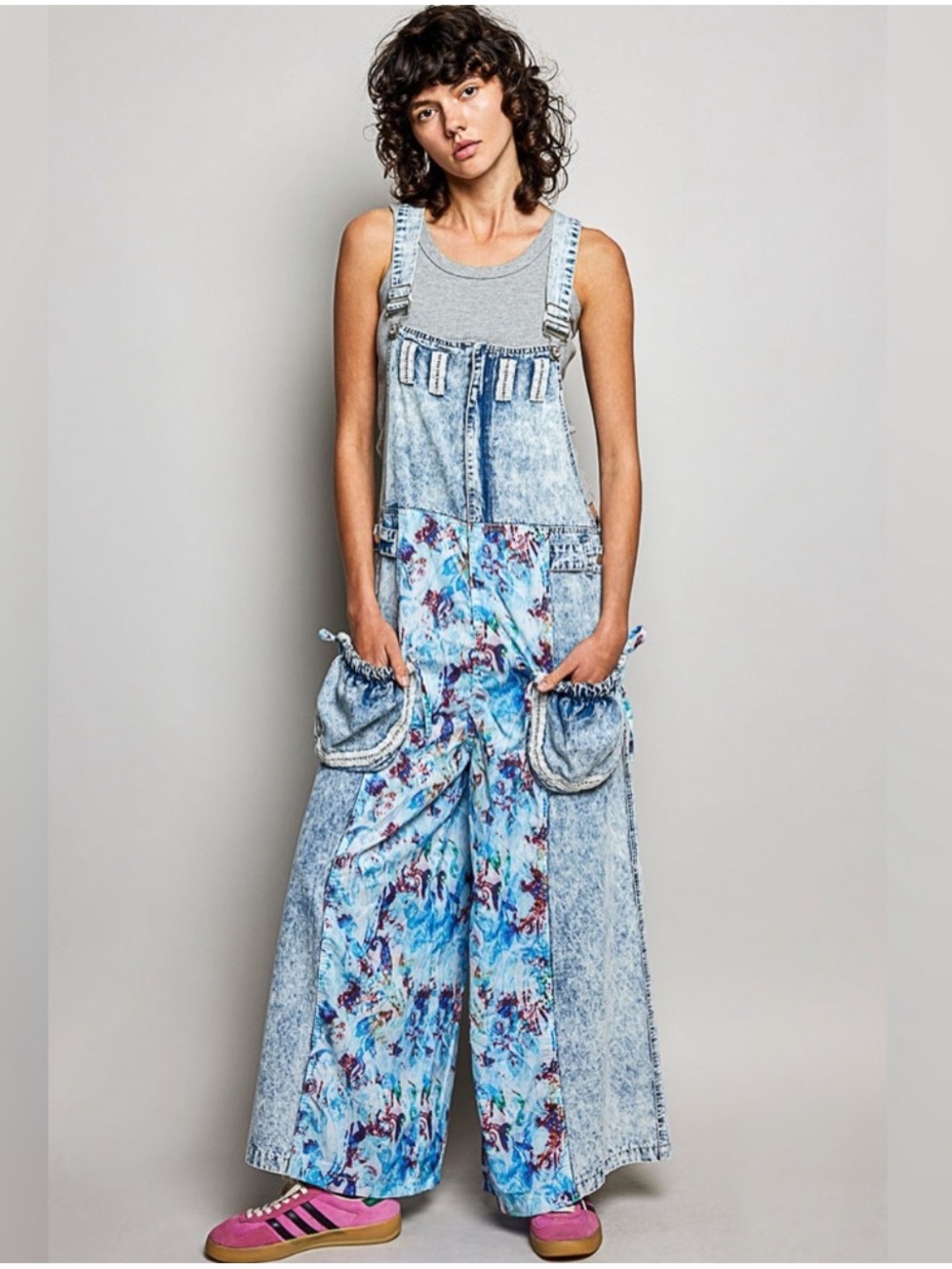 New: POL Light Blue Boho Patchwork Floral Wide-Leg Denim Overalls• Medium
